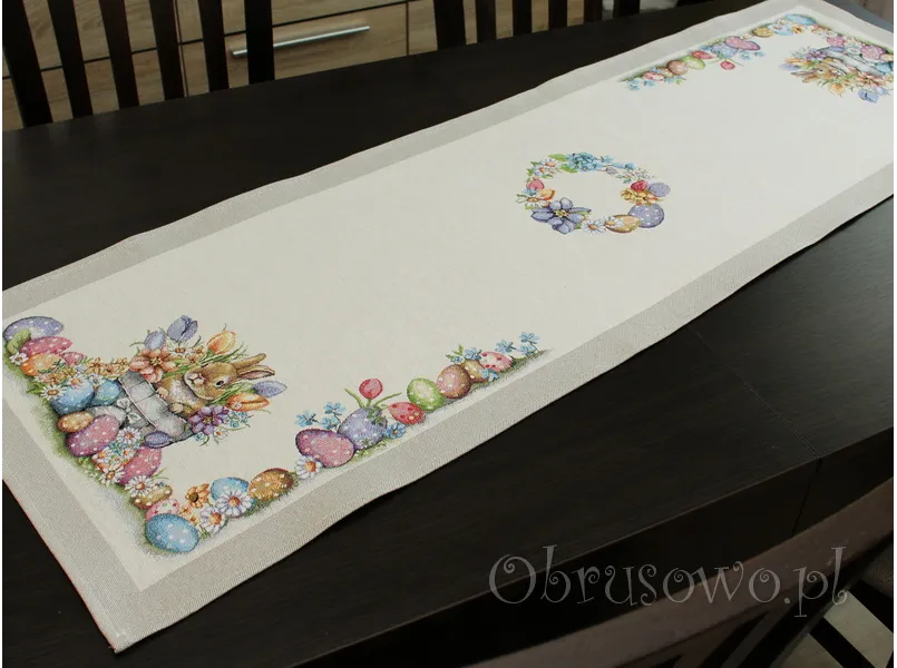 Gobelinowy bieżnik wielkanocny 42x140 „Zając w kwiatach”