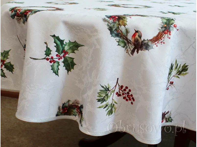Okrągły obrus świąteczny Ø 120 "Ostrokrzew wianek"