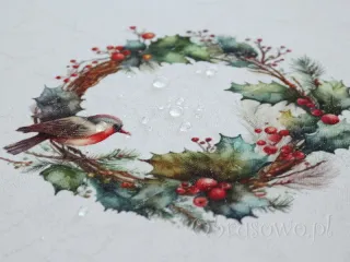 Owalny obrus świąteczny 140x260 "Ostrokrzew wianek"