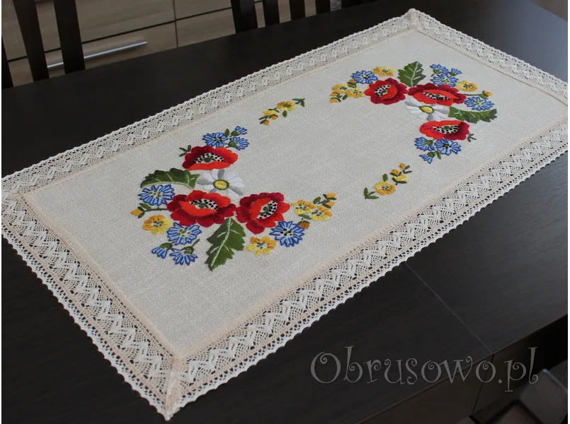 Bieżnik z haftem ręcznym i koronką "Maki" 45x90