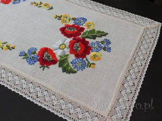 Bieżnik z haftem ręcznym i koronką "Maki" 45x90