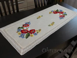 Bieżnik z haftem ręcznym i koronką 45x110 "Maki"