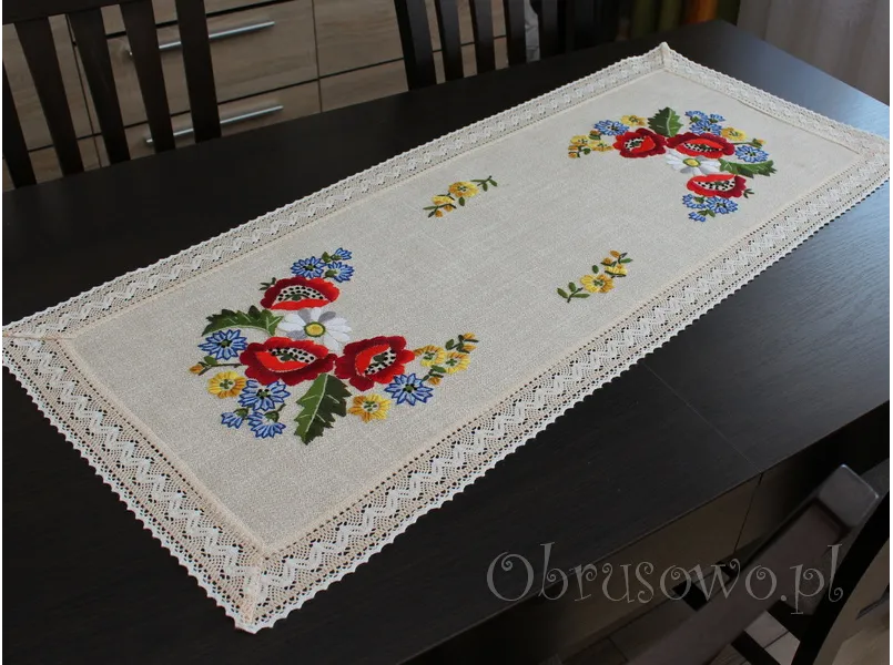 Bieżnik z haftem ręcznym i koronką 45x110 "Maki"