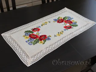 Bieżnik z haftem ręcznym i koronką "Maki" 35x70