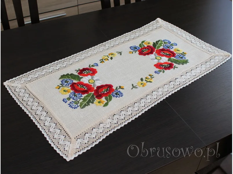 Bieżnik z haftem ręcznym i koronką "Maki" 35x70