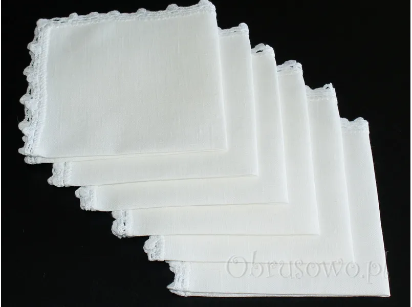 Komplet 6 szt. serwet lnianych obrabianych koronką 32x32