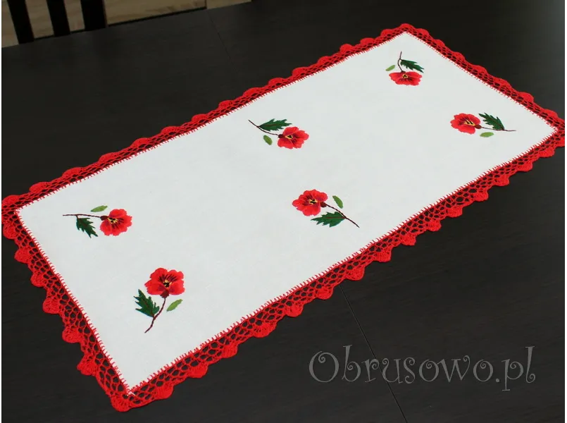 Bieżnik haftowany ręcznie 45x90 "maki" z koronką