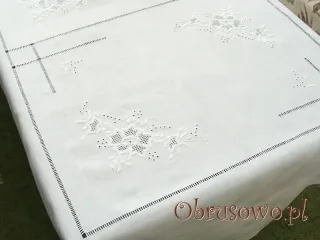 Obrus lniany haft ręczny "Róża Makowska"  140x210