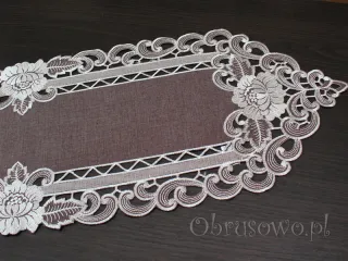 Długi bieżnik haftowany 25x160 "Róża richelieu" brąz
