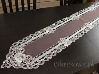 Długi bieżnik haftowany 25x160 "Róża richelieu" brąz