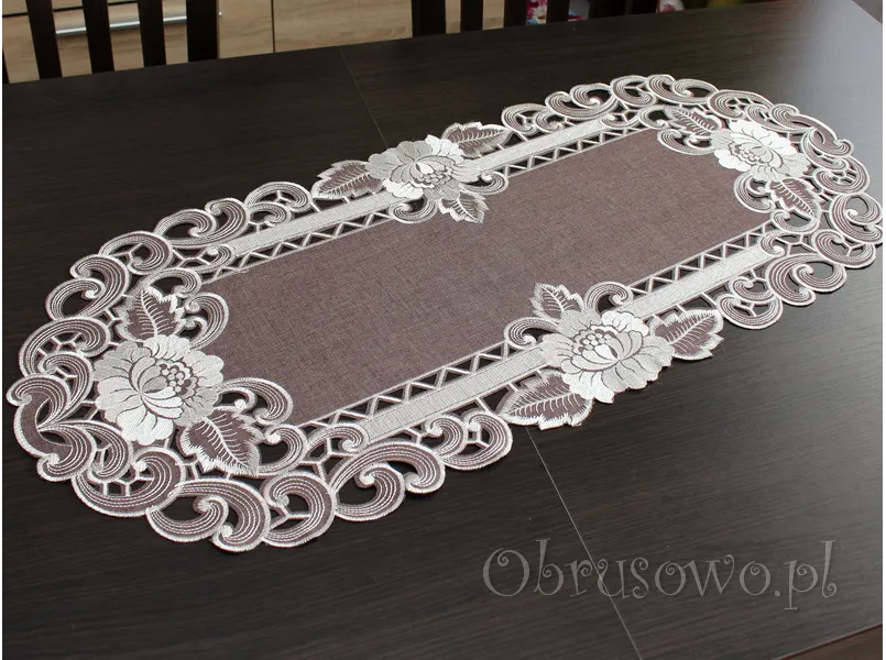 Bieżnik haftowany 40x110 "Róża richelieu" brąz