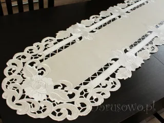 Duży bieżnik haftowany 45x170 "Róża richelieu" beż