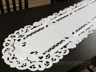 Duży bieżnik haftowany 45x170 "Róża richelieu" biały