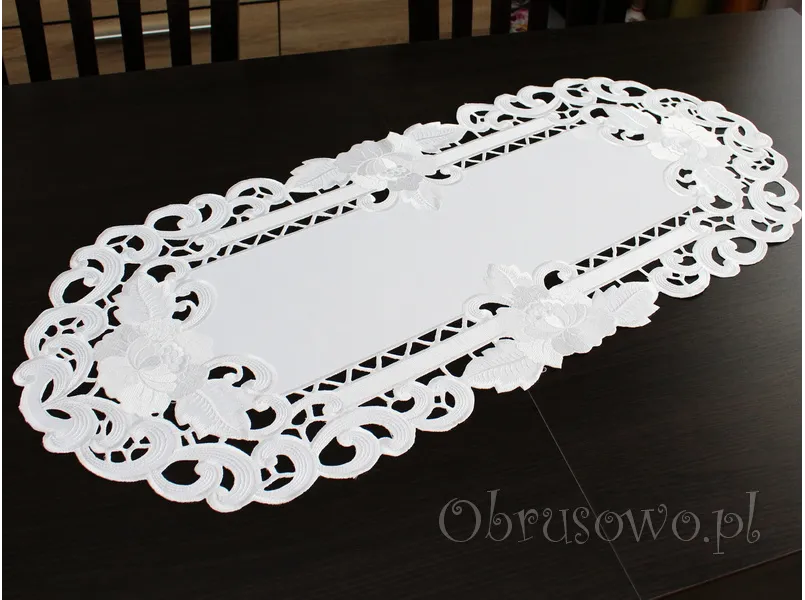 Bieżnik haftowany 40x110 "Róża richelieu" biały