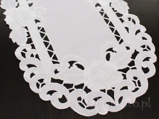 Mały bieżnik haftowany 35x70 "Róża richelieu" biały