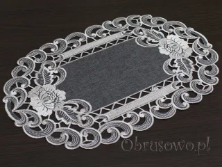 Owalna serwetka haftowana 30x45 "Róża richelieu" grafit