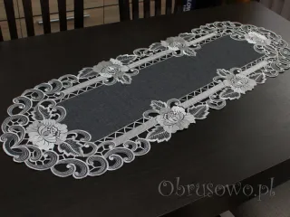 Duży bieżnik haftowany 45x130 "Róża richelieu" grafit
