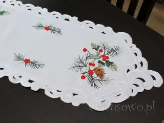 Długi bieżnik świąteczny haftowany 28x160 „Sosnowe gałązki”