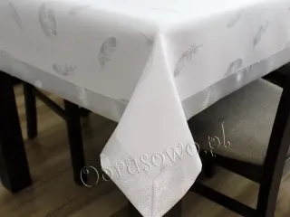 Obrus wielkanocny jajka z piórkiem - biało srebrny