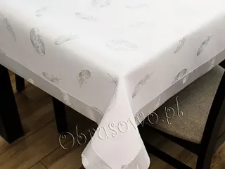 Obrus wielkanocny jajka z piórkiem - biało srebrny