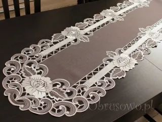 Duży bieżnik haftowany 45x130 "Róża richelieu" brąz