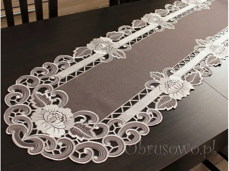 Duży bieżnik haftowany 45x130 "Róża richelieu" brąz